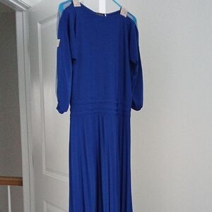 Royal Blue Long Sleeve Maxi Dress with Embellished Shoulders